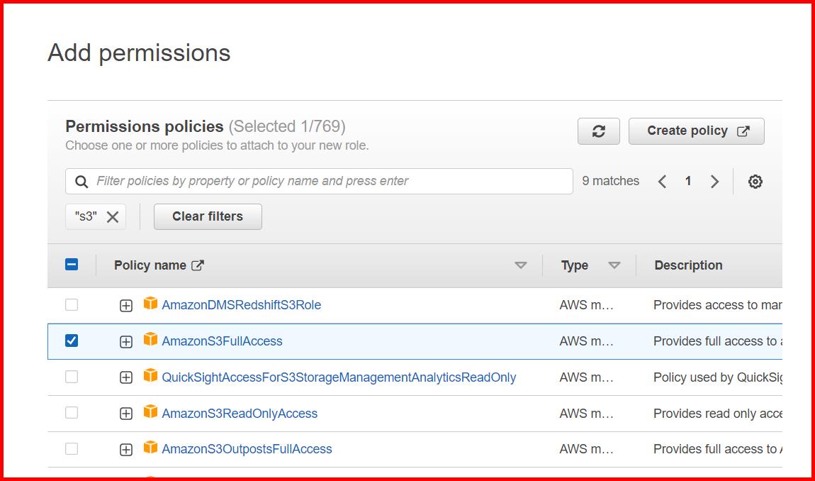 Picture showing adding the permission AmazonS3FullAccess while creating the role